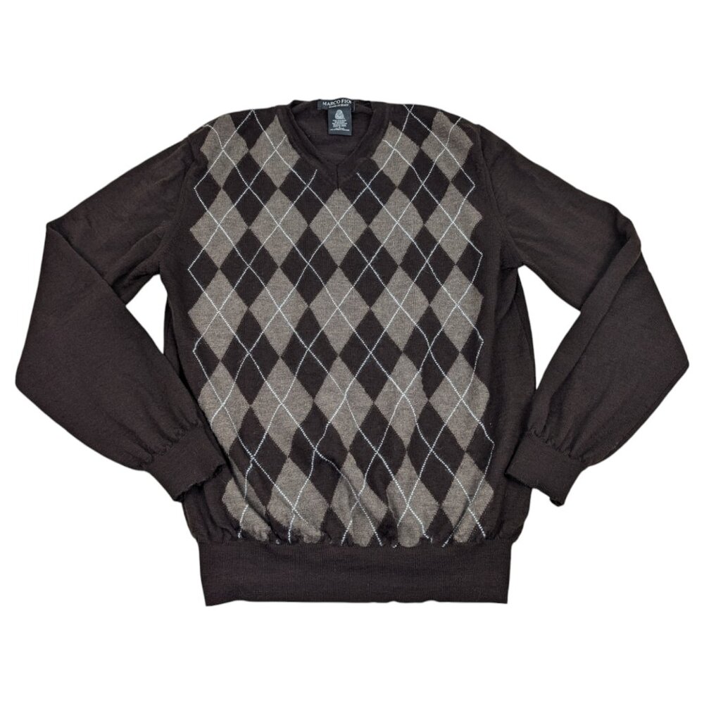 Marco Fiori Sweater Mens Size L Brown Argyle Made In Italy‎ Merino Wool Business